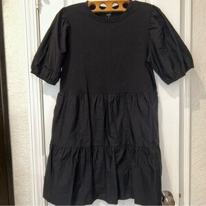 Sanctuary Mini Dress All-Day Bubble Sleeve Black Babydoll Crewneck 100% Cotton